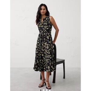 Banana Republic Factory Sheen Twill Godet Midi Dress Black Floral XS $160
